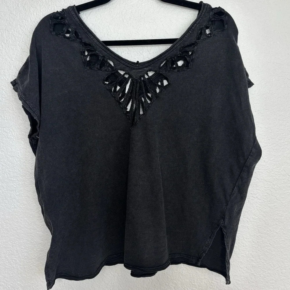 Free People Black Cutout Crochet Neck Short Sleeve Oversized Cotton Top Small